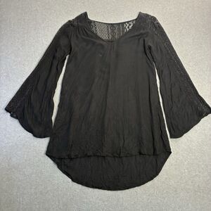 Women’s Black Lace Sleeve Peasant Blouse Boho Festival Tunic Top High Low